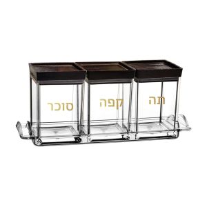 רמיטקס - עיצוב הבית וטקסטיל כלי בית מבצע השבוע סט תה קפה סוכר – אקריל מכסה עץ עם כיתוב זהב + מגש רק 79 ש"ח במקום 100ש"ח 